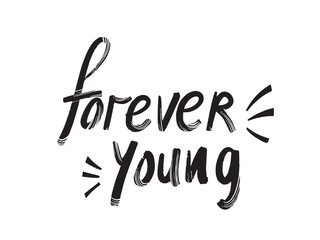 Forever young hand written typography text alphabet with line decorations and grungy texture isolated on landscape white template. Simple flat textured letters.