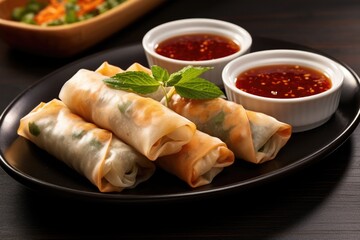 Poster - spring rolls with dipping sauce on a plate