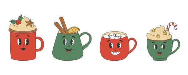 Set of cute hot drinks characters in y2k groovy style. Cartoon characters in trendy retro style for Christmas design