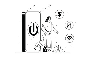 Poster - Digital detox concept with people scene in the flat line cartoon design. The girl turned off the phone and decided to rest. Vector illustration.