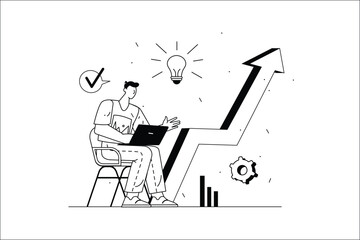 Aufkleber - Startup concept with people scene in the flat line cartoon style. A young businessman is developing his startup idea. Vector illustration.