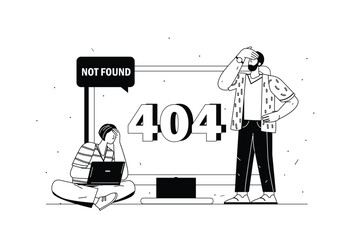 Aufkleber - Concept 404 not found with people scene in the flat line cartoon design. A team of programmers is working on solving problems with the laptop. Vector illustration.