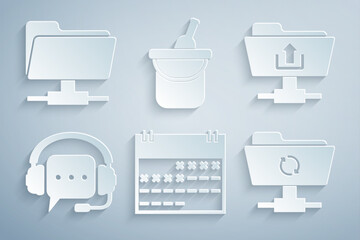 Sticker - Set Calendar, FTP folder upload, Headphones with speech bubble, sync refresh, Bottle of wine in bucket and icon. Vector