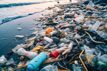 Wall Mural - plastic waste on a beautiful beach, a stark reminder of the urgent need to combat pollution and protect the pristine nature of our oceans and seas.