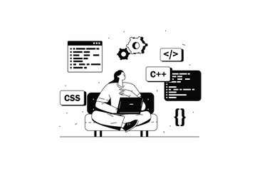 Poster - Coding concept with people scene in the flat line cartoon style. A programmer writes code for applications using a special programming language. Vector illustration.