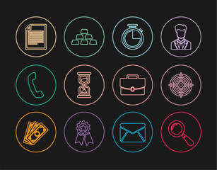 Poster - set line magnifying glass, target sport, stopwatch, old hourglass, telephone handset, document, brie