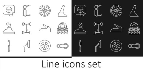 Sticker - Set line Car door handle, tire, wheel, Chassis car, Gear shifter, Oil filler cap at gas station, handbrake and Truck side mirror icon. Vector