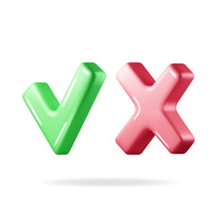Poster - 3D Right and Wrong Button Shape. Green Yes and Red No Correct Incorrect Sign. Checkmark Tick Rejection, Cancel, Error, Stop, Negative, Agreement Approval or Trust Symbol. Vector Illustration