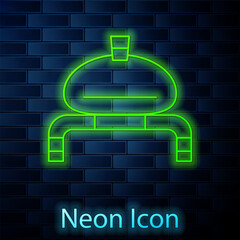 Sticker - Glowing neon line Bread and salt on towel icon isolated on brick wall background. National food loaf. Traditional ukrainian wedding bread. Vector