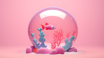 Wall Mural - Pink Barbie style of fish in aquarium tank with reef as background