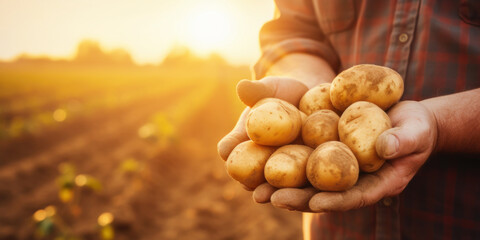 close up of farmer holding potatoes in hands on harvest field background at sunset. banner with copy
