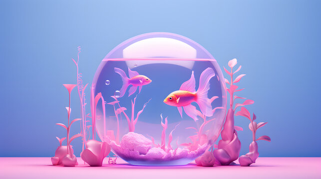 Pink Barbie style of fish in aquarium tank with reef as background
