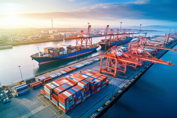 An industrial port scene, with cargo cranes loading containers onto ships, highlighting the efficient shipping and transportation operations.