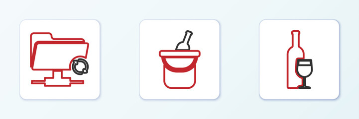 Poster - set line wine bottle with glass, ftp sync refresh and bottle of wine bucket icon. vector
