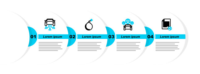 Poster - Set line Share file, Car sharing, Bomb ready to explode and icon. Vector