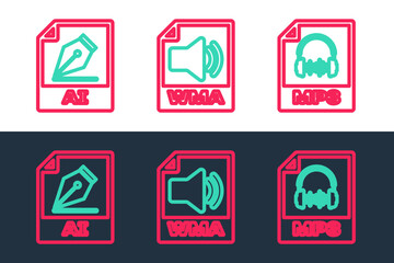 Poster - Set line MP3 file document, AI and WMA icon. Vector
