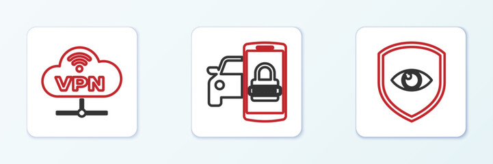 Poster - set line shield and eye, vpn network cloud connection and smart car security system icon. vector