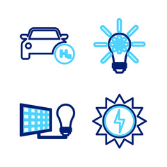 Wall Mural - Set line Solar energy panel, and light bulb, Light with gear and Hydrogen car icon. Vector