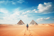 In Egypt, A Tourist And Traveler Explore The Ancient History And Breathtaking Architecture Of The Pyramids In Giza.