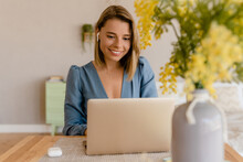 Young Pretty Stylish Woman Working Remote At Home At Table Workplace, Student Education