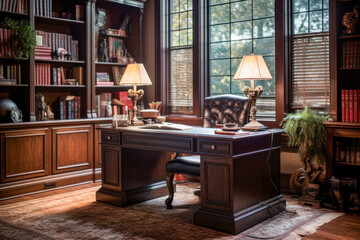 A vintage table in the library, adorned with classic books and surrounded by old wooden cabinets, providing an inspiring and enriching interior for a true book lover's haven.