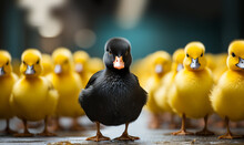 One Black Duck In A Row Of Yellow Ducks,Diversity Concept, Standing Out Of The Crowd. Cute Animal Backgroud Concept