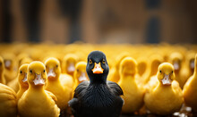One Black Duck In A Row Of Yellow Ducks,Diversity Concept, Standing Out Of The Crowd. Cute Animal Backgroud Concept