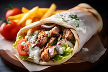 Close Up Greek Gyros On A Wooden Board. French Fries. 