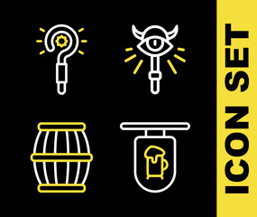 Poster - Set line Magic staff, Street signboard with Bar, Gun powder barrel and wand icon. Vector