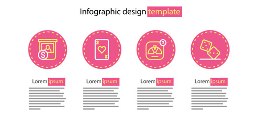 Poster - Set line Lucky wheel, Game dice, Playing card with heart and Casino chips exchange icon. Vector