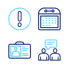 Poster - set line two sitting men talking, identification badge, calendar and speech bubble and exclamation i