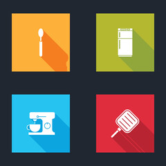 Poster - Set Spoon, Refrigerator, Electric mixer and Frying pan icon. Vector