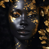 Fototapeta  - Shadowplay: Embracing the Magic Within ,the black beauty with gold eyes, in the style of bio-art, raw metallicity, black and white mastery, gold, indain influence, pure color, pop colorism