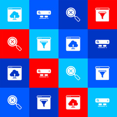 Poster - Set Cloud upload, Search engine, Magnifying glass and delete and Browser window icon. Vector