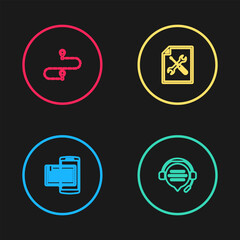 Poster - set line smartphone and book, headphones with speech bubble chat, file document service and route lo