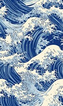 Ocean Or Sea Wave Pattern In Japanese Woodblock Style.  Seamless Pattern.  