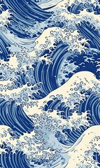 Ocean or Sea wave pattern in Japanese woodblock style.  Seamless pattern.  