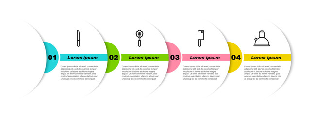 Poster - Set line Knife, Pizza knife, Meat chopper and Kettle with handle. Business infographic template. Vector