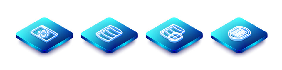 Poster - Set Isometric line Browser setting, Server, Data, Web Hosting, with shield and icon. Vector