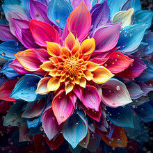 Colorful Flower In The Rain, Water Droplets On Flower, Dahlia Flower In The Rain, Flower With Water Droplets, Beautiful Flower, Dahlia, Dahlia Chrysanthemum, Generative AI 