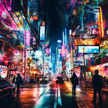 Abstract City Night Time. Generative AI. City Street At Night: People Walking Under Streetlights, Asian Style Night Time City, The Warm Glow Of Streetlights. HongKong, Tokyo, South Korea, Bestseller 