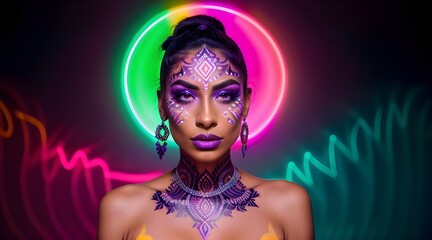 art with this digital picture of a woman adorned with colorful make-up on her face, vibrant colorful