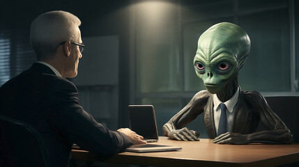 Extraterrestrial professional seeks exciting career opportunity on our planet. Man interviewing alien for a job.