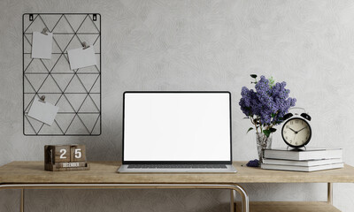 Poster - Minimalist workspace with a laptop mockup on a table in a minimal office. 3d render illustration