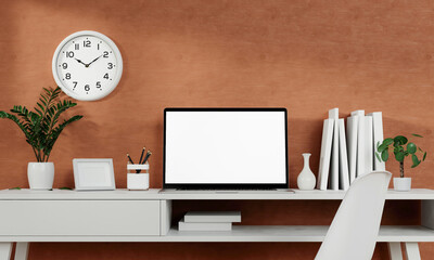 Poster - Minimalist workspace with a laptop mockup on a table in a minimal office. 3d render illustration