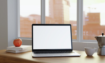 Poster - Minimalist workspace with a laptop mockup on a table in a minimal office. 3d render illustration