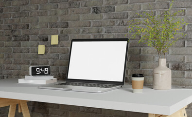 Poster - Minimalist workspace with a laptop mockup on a table in a minimal office. 3d render illustration