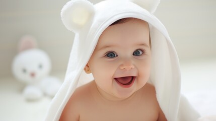 cute baby with a towel on his head smiles on a white background.