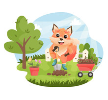 Fox Digging Up Ground With Shovel To Plant Flowers In The Garden. Cute Fox Character Working In Garden. Vector Illustartion