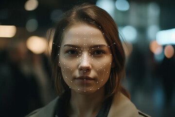Face recognition technologies. A young girl on a city street.